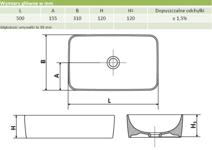 ROANA 50 umywalka ceramiczna nablatowa prostokątny 500 x 310 x 125 mm 32745011121000VL wymiary rys.  BudoHurt.com Łódź.jpg