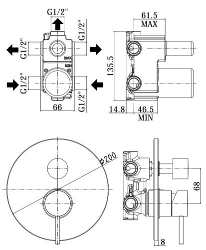 PAFFONI Light Bateria podtynkowa 3-drożna z przełącznikiem LIG019CR rys.  BudoHurt.com Łódź.jpg