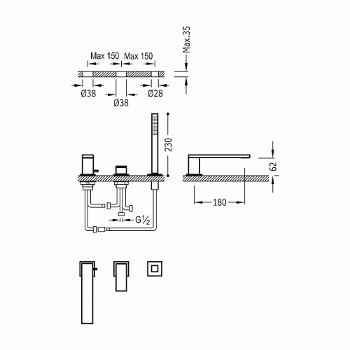 Tres Bateria wannowa trzyotworowa CUADRO COLORS Złoto 00616105OR rys.  BudoHurt.com Łódź.jpg