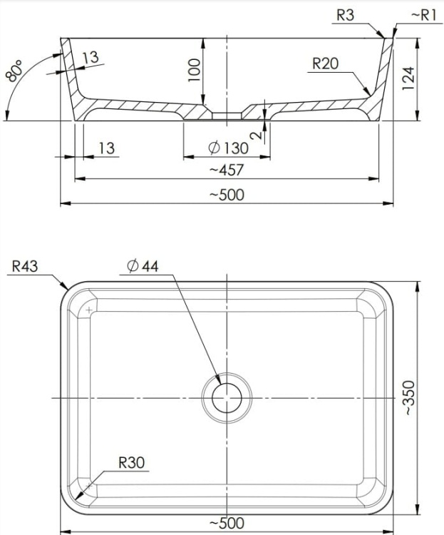 Omnires PARMA M+ Umywalka nablatowa, 50x35 cm. PARMAUNBP rys. tech. BudoHurt.jpg