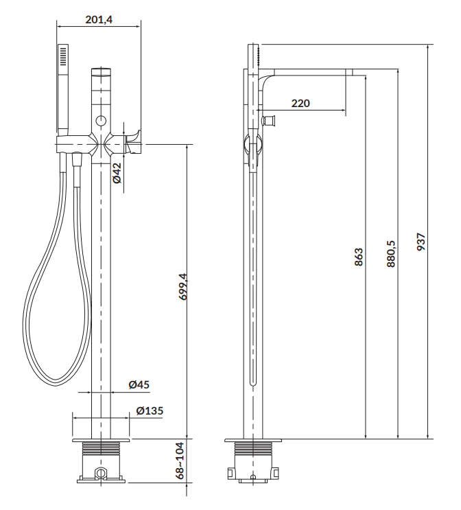 Cersanit Inverto Bateria wannowa wolnostojąca CHROM. S951-287 rys. tech.1.png