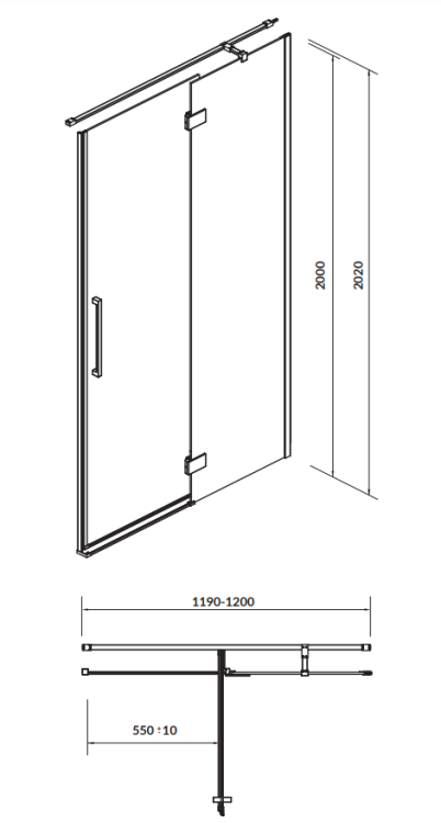 Drzwi na zawiasach kabiny prysznicowej CREA 120 x 200 prawe. S159-004 rys. tech. BudoHurt Łódź.png