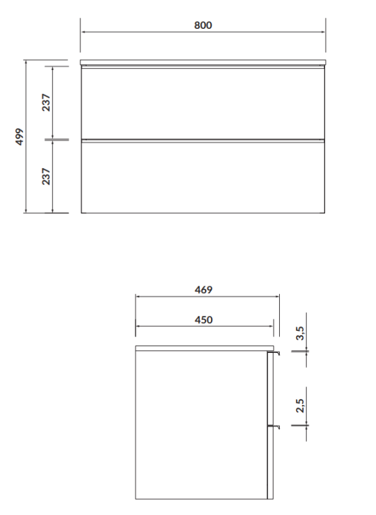 Cersanit Szafka z Blatem Virgo 80 Biała z Czarnymi Uchwytami. S522-027  rys. tech. BudoHurt Łódź.png