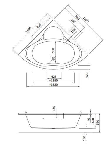 Cersanit Wanna Symetryczna Venus 150x150. S301-013 rys. tech. BudoHurt Łódź.png