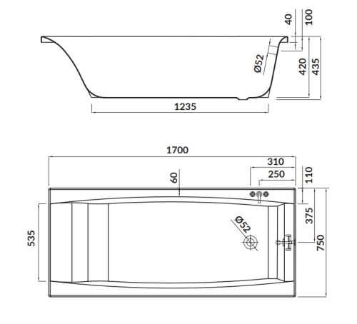 Cersanit Wanna Prostokątna Virgo 170x75. S301-045   rys. tech. BudoHurt Łódź.png