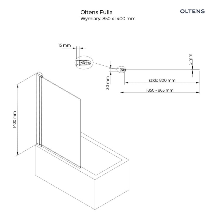 Oltens Fulla parawan nawannowy 1-częściowy 85x140 cm chrom szkło przezroczyste 23102100 rys. tech. BudoHurt.com Łódź.jpg