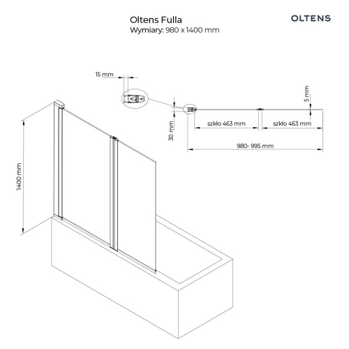 Oltens Fulla parawan nawannowy 2-częściowy 98x140 cm chrom szkło przezroczyste 23204100 BudoHurt.com Łódź.jpg