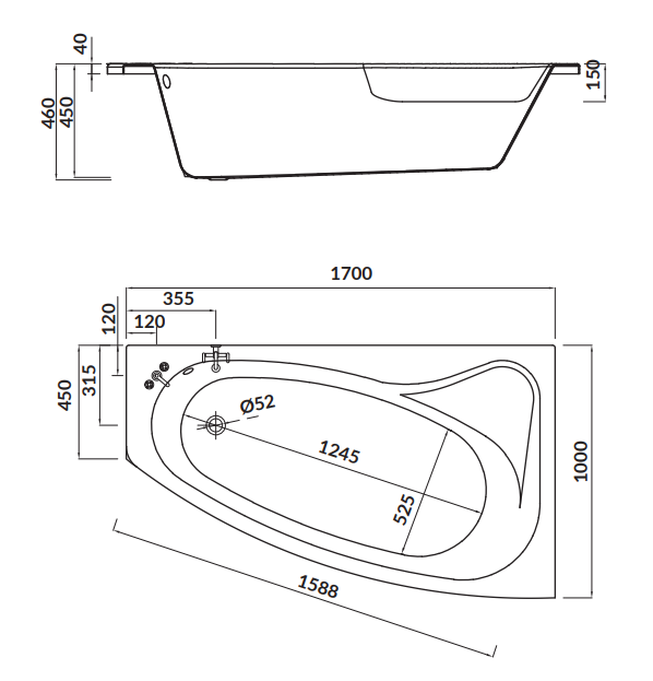 Cersanit Wanna asymetryczna Sicilia New Prawa 170x100. S301-098 rys. tech. BudoHurt Łódź.png