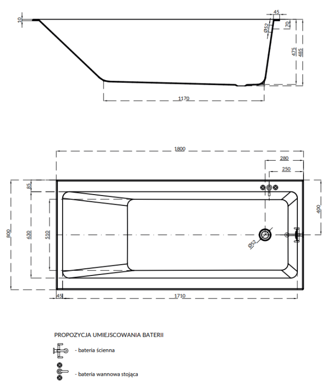 Cersanit Wanna Prostokątna Crea 180x80. S301-227 rys. tech. BudoHurt Łódź.png