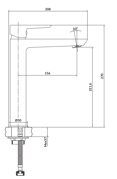 Cersanit Bateria umywalkowa sztorcowa, wysoka MILLE chrom, z korkiem metalowym KLIK-KLAK. S951-354 rys. tech. BudoHurt Łódź.png