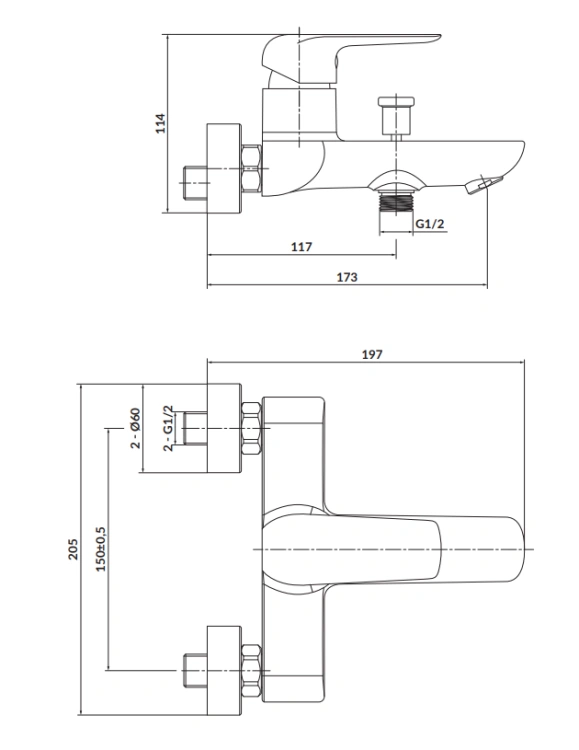 Cersanit Bateria wannowo-natryskowa ścienna CITY chrom. S951-344 rys. tech. BudoHurt Łódź.png