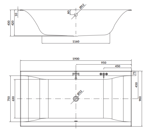 Cersanit Wanna Prostokątna Larga 190x90. S301-307 rys. tech. BudoHurt Łódź.png