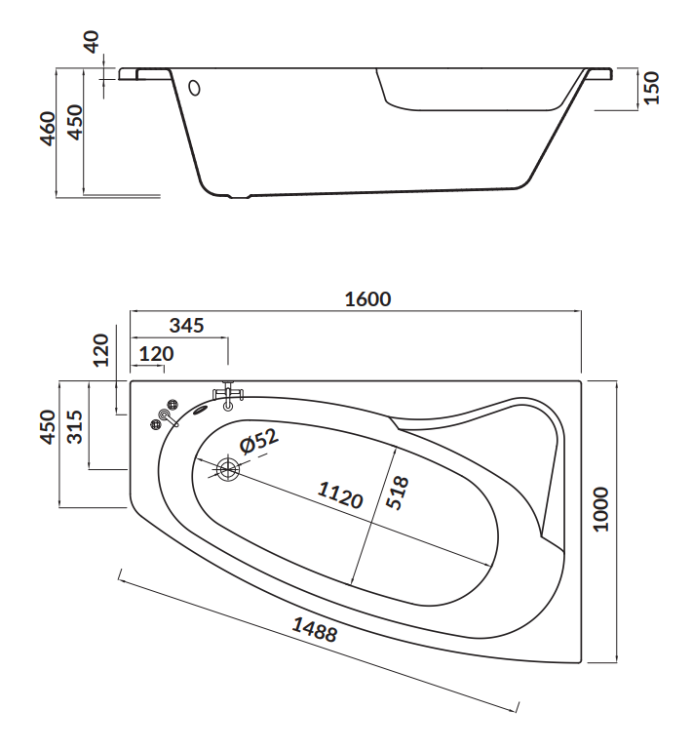 Cersanit Wanna Asymetryczna Sicilia New Prawa 160x100. S301-037 rys. tech. BudoHurt Łódź.png
