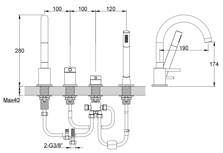 Kohlman AXEL BLACK 4-otworowa bateria wannowa z obrotową wylewką QB244AB   rys. tech. BudoHurt Łódź.png