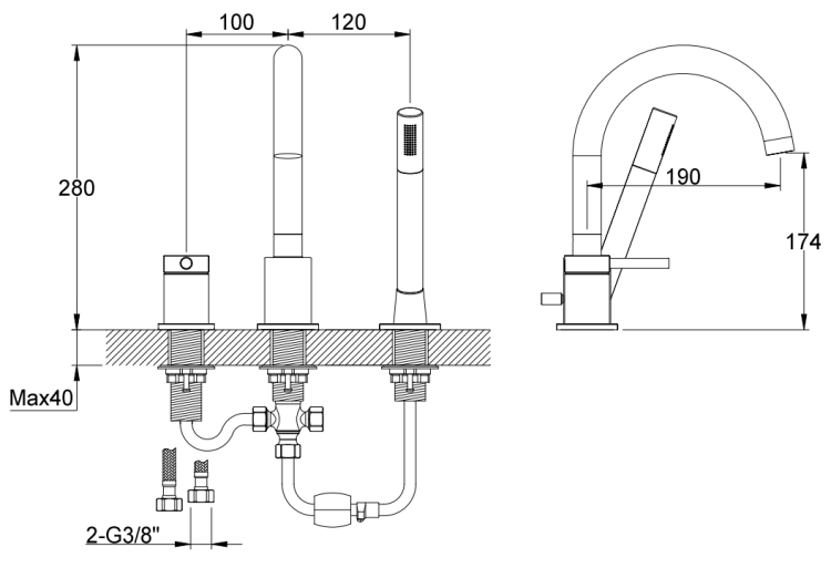 Kohlman AXEL BLACK 3-otworowa bateria wannowa z obrotową wylewką QB241AB  rys. tech. BudoHurt Łódź.png