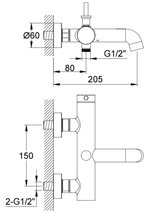 Kohlman AXEL BLACK Natynkowa bateria wannowo-prysznicowa natynkowa QW110AB rys. tech. BudoHurt Łódź.png