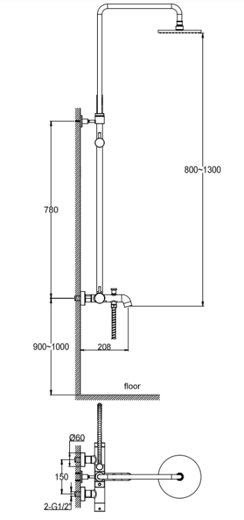 Kohlman AXEL Zestaw wannowo-prysznicowy natynkowy QW277A rys. tech. BudoHurt Łódź.png