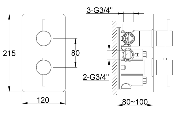 Kohlman AXEL Termostatyczna podtynkowa bateria wannowo-prysznicowa z trzema wyjściami QW433A  rys. tech. BudoHurt Łódź.png