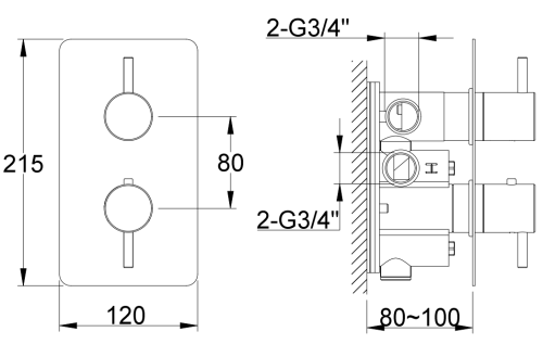 Kohlman AXEL Termostatyczna podtynkowa bateria wannowo-prysznicowa z dwoma wyjściami QW432A rys. tech. BudoHurt Łódź.png