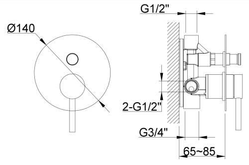Kohlman AXEL Podtynkowa bateria wannowo-prysznicowa z dwoma wyjściami QW210A rys. tech. BudoHurt Łódź.png