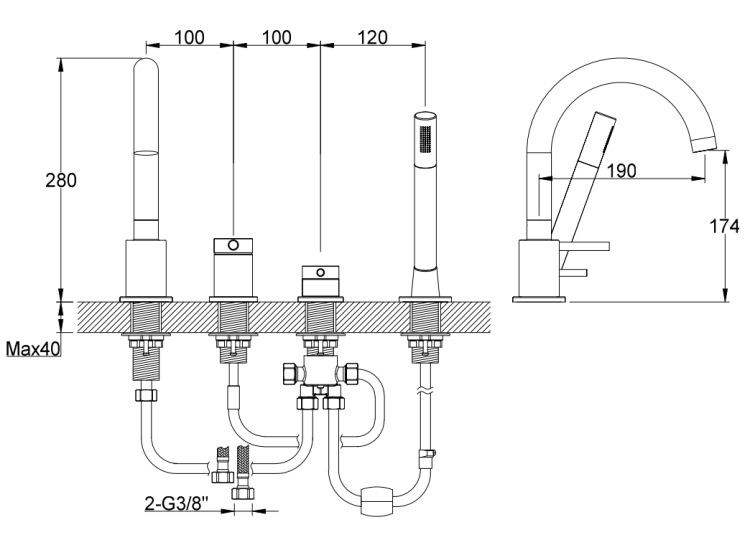 Kohlman AXEL 4-otworowa bateria wannowa z obrotową wylewką QB244A rys. tech. BudoHurt Łódź.png