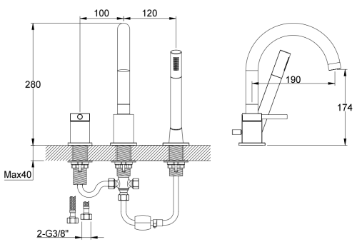 Kohlman AXEL 3-otworowa bateria wannowa z obrotową wylewką QB241A  rys. tech. BudoHurt Łódź.png