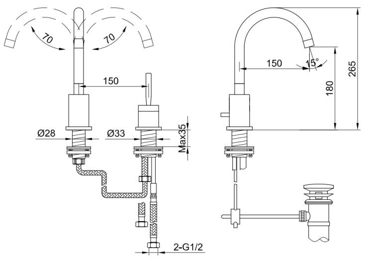 Kohlman MAXIMA 2-otworowa bateria umywalkowa z obrotową wylewką QB205M rys. tech. BudoHurt Łódź.png