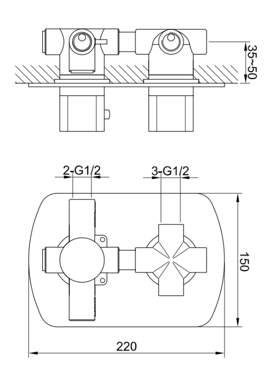 Kohlman FOXAL Termostatyczna podtynkowa bateria wannowo-prysznicowa z trzema wyjściami QW433F rys. tech. BudoHurt Łódź.png