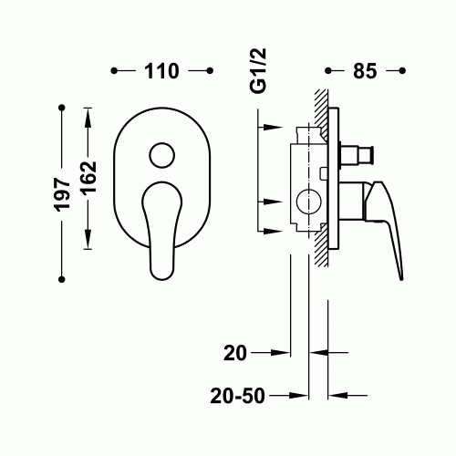 Base-Tres Plus Jednouchwytowa bateria podtynkowa (2-drożna) chrom. 21618001   rys. tech. BudoHurt.com Łódź.jpg