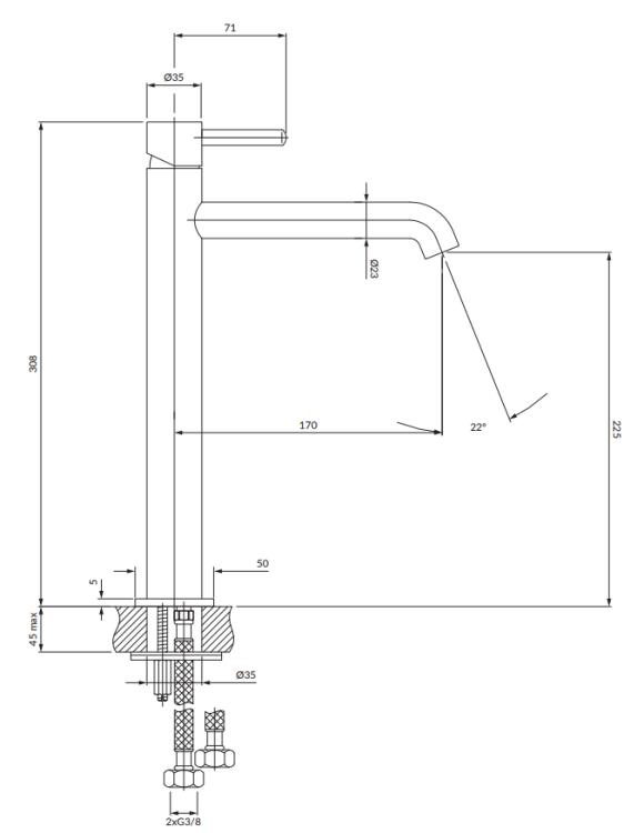 Omnires Y bateria umywalkowa wysoka grafit. Y1212GR rys. tech. BudoHurt Łódź.png