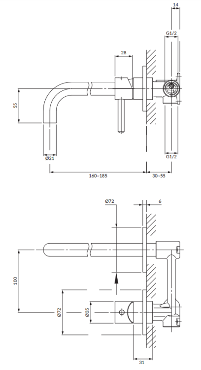 Omnires Y bateria umywalkowa podtynkowa grafit. Y1215HGR rys. tech. BudoHurt Łódź.png
