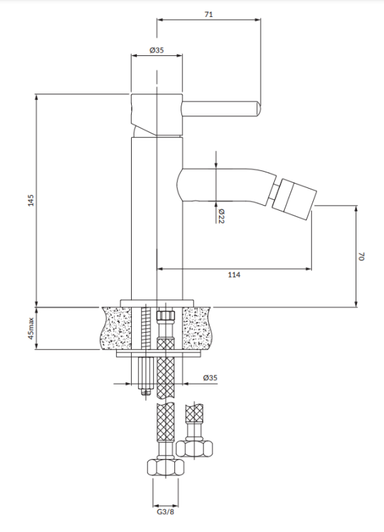 Omnires Y bateria bidetowa grafit. Y1220GR   rys. tech. BudoHurt Łódź.png