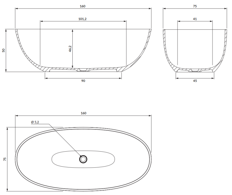 Omnires SHELL wanna wolnostojąca Marble+, 160x75 cm, z syfonem biały połysk. SHELLWWBP rys. tech. BudoHurt Łódź.png