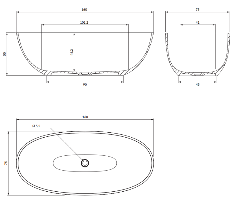 Omnires SHELL wanna wolnostojąca Marble+, 160x75 cm, z syfonem biały mat. SHELLWWBM  rys. tech. BudoHurt Łódź.png