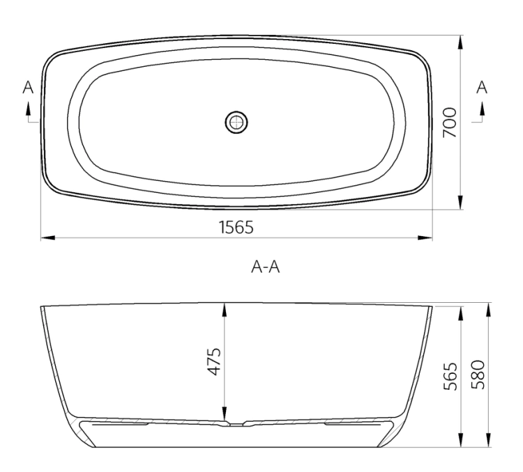 Omnires FERRARA wanna wolnostojąca Marble+, 157 x 58 cm biały połysk. FERRARA156BP  rys. tech. BudoHurt Łódź.png