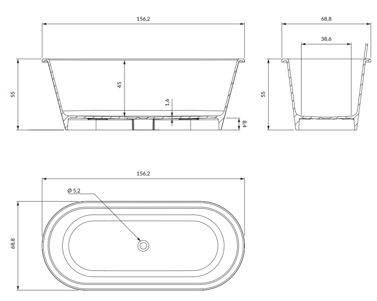 Omnires PARIS wanna wolnostojąca Marble+, 156 x 69 cm biały połysk. PARIS156BP rys. tech. BudoHurt Łódź.png