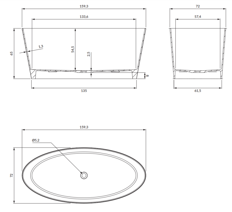 Omnires ROMA wanna wolnostojąca Marble+, 159 x 72 cm biały połysk. ROMA159BP  rys. tech. BudoHurt Łódź.png