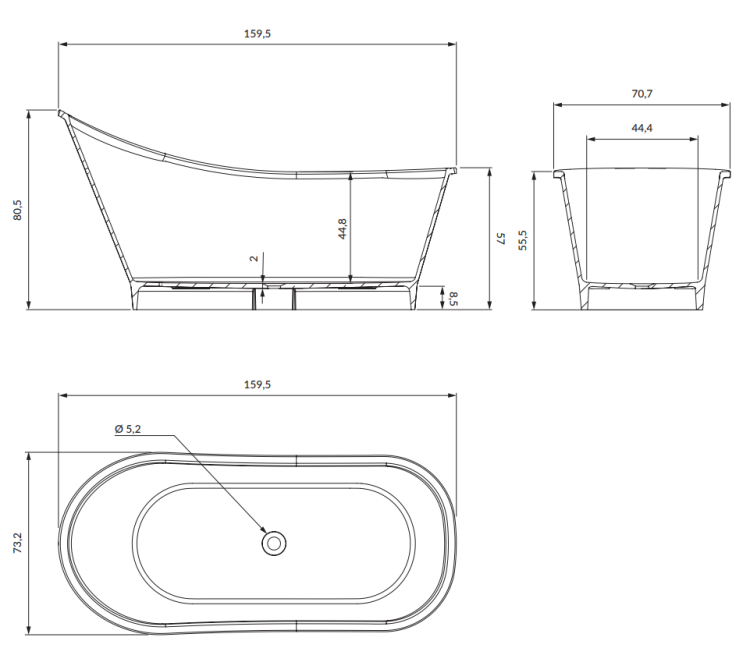 Omnires VENEZIA wanna wolnostojąca Marble+, 160 x 73 cm biały mat. VENEZIA159BM rys. tech. BudoHurt Łódź.png