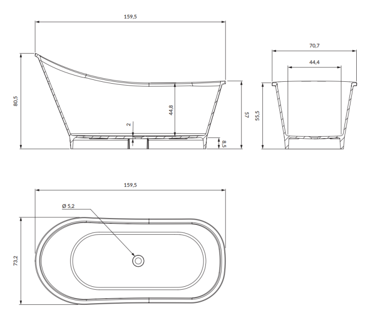 Omnires VENEZIA wanna wolnostojąca Marble+, 160 x 73 cm biały połysk. VENEZIA159BP rys. tech. BudoHurt Łódź.png