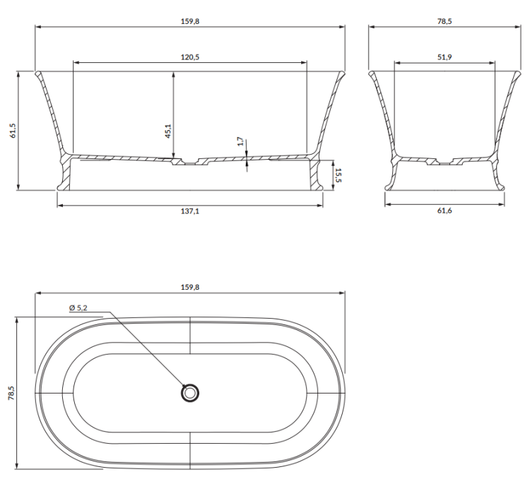 Omnires CLASSICA wolnostojąca wanna Marble+, 160 x 79 cm biały połysk. CLASSICAWWBP  rys. tech. BudoHurt Łódź.png