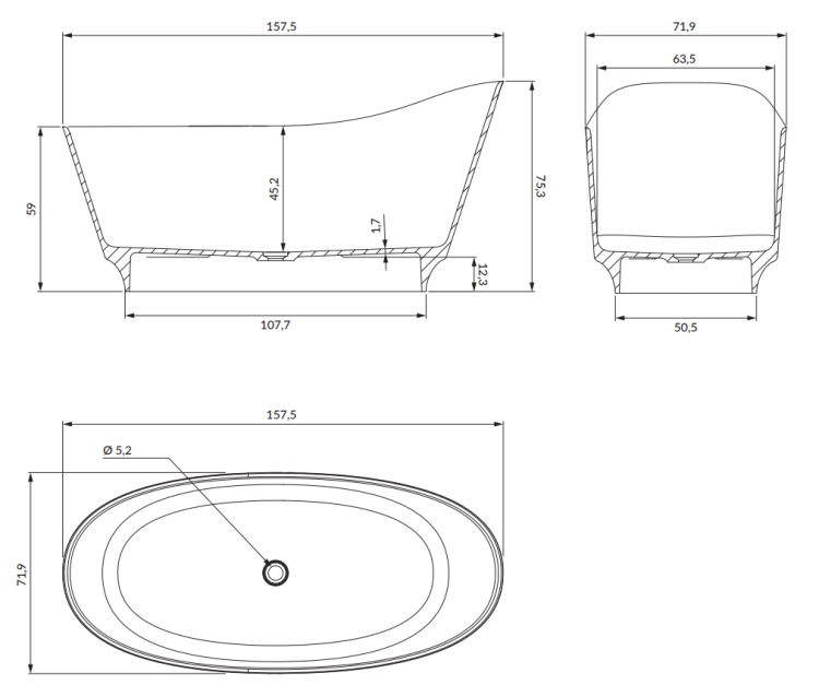 Omnires NEO wanna wolnostojąca Marble+, 158x72 cm, z syfonem biały mat. NEO158SWWBM  rys. tech. BudoHurt Łódź.png