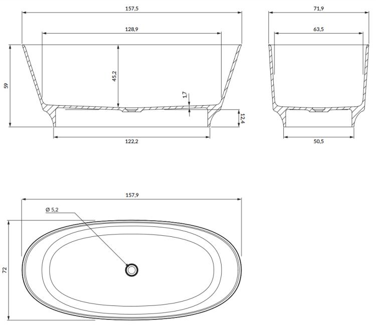 Omnires NEO wanna wolnostojąca Marble+, 158x72 cm, z syfonem biały mat. NEO158WWBM rys. tech. BudoHurt Łódź.png