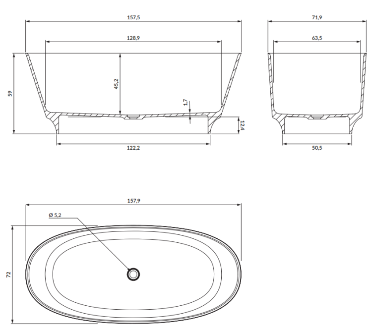Omnires NEO M+ wanna wolnostojąca 158x72 cm, z syfonem biały połysk. NEO158WWBP rys. tech. BudoHurt Łódź.png