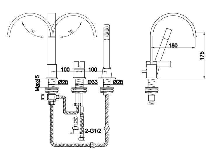 Kohlman DEXAME bateria wannowa 3 otworowa  QB241D rys. tech. BudoHurt Łódź.png