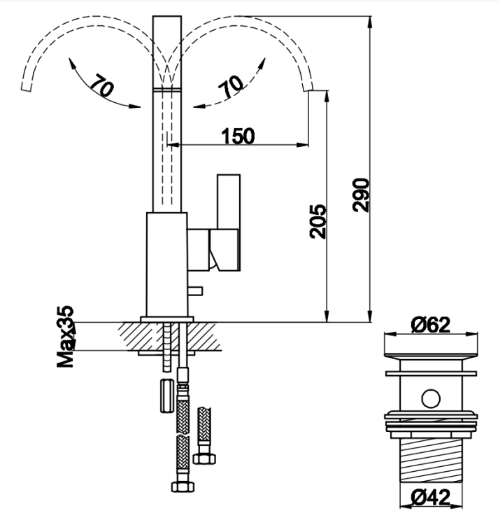 Kohlman DEXAME 1-otworowa bateria umywalkowa z obrotową wylewką QB150D rys. tech. BudoHurt Łódź.png