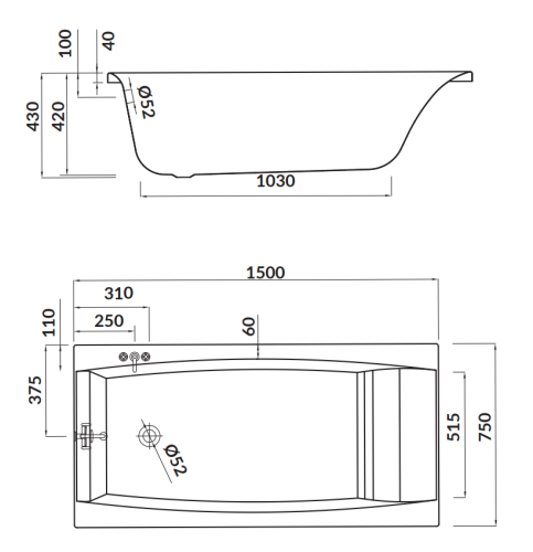 Cersanit wanna prostokątna Virgo 150x75. S301-048 rys. tech. BudoHurt Łódź.png