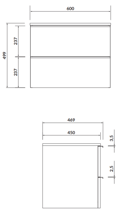 Cersanit Szafka z blatem Virgo 60 biała, czarny uchwyt. S522-019  rys. tech. BudoHurt Łódź.png