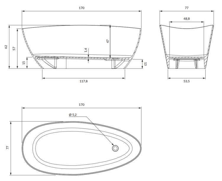 Omnires BARCELONA wanna wolnostojąca Marble+, 170 x 77 cm biały czarny połysk. BARCELONAXLBCP rys. tech. BudoHurt Łódź.png