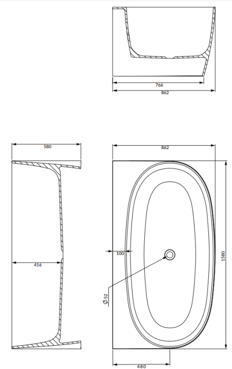Omnires VALENCIA wanna przyścienna Marble+, 158 x 86 cm biały połysk. VALENCIAWPBP rys. tech. BudoHurt Łódź.png