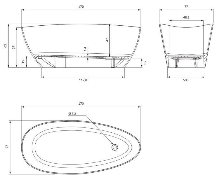 Omnires BARCELONA wanna wolnostojąca Marble+, 170 x 77 cm biały mat. BARCELONAXLBM rys. tech. BudoHurt Łódź.png